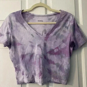 Wild Fable‎ tie dye cropped v neck t shirt white purple faded look size L